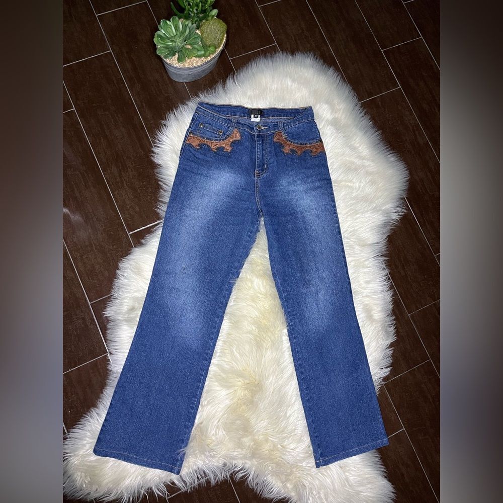 Isabel Flare Wide Leg blue Jeans with leather detailing sz 4P